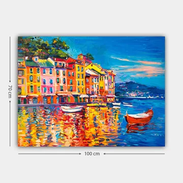 Canvastavla 70x100 cm - Färgglada hus vid en hamn med båtar som speglas i vattnet - Blå / Orange / Gul - Inredning - Tavlor & posters - Canvastavla