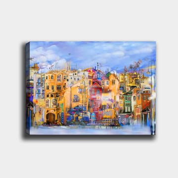 Canvastavla 70x100 cm - Färgglada hus vid en vattenkant i en livlig stadsmiljö - Gult / Rött / Blått - Inredning - Tavlor & posters - Canvastavla
