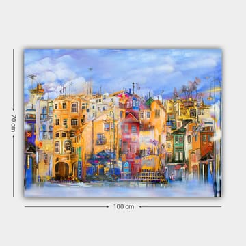 Canvastavla 70x100 cm - Färgglada hus vid en vattenkant i en livlig stadsmiljö - Gult / Rött / Blått - Inredning - Tavlor & posters - Canvastavla