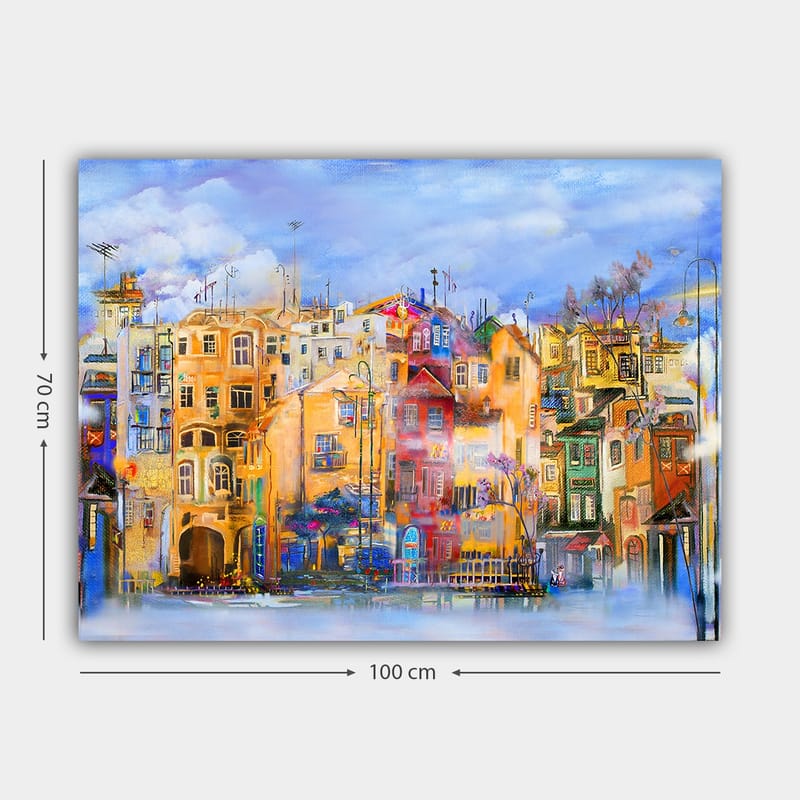 Canvastavla 70x100 cm - Färgglada hus vid en vattenkant i en livlig stadsmiljö - Gult / Rött / Blått - Inredning - Tavlor & posters - Canvastavla