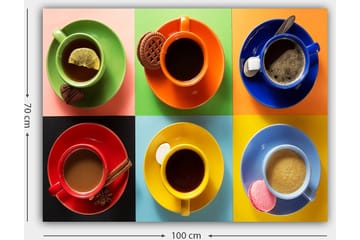 Canvastavla 70x100 cm - Färgglada kaffekoppar arrangerade i ett rutmönster med olika drycker och tillbehör - Grön / Röd / Blå - Inredning - Tavlor & posters - Canvastavla