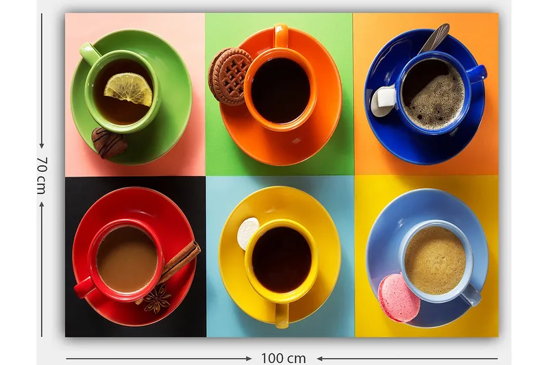 Canvastavla 70x100 cm - Färgglada kaffekoppar arrangerade i ett rutmönster med olika drycker och tillbehör - Grön / Röd / Blå - Inredning - Tavlor & posters - Canvastavla