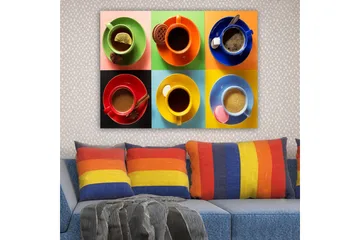 Canvastavla 70x100 cm - Färgglada kaffekoppar arrangerade i ett rutmönster med olika drycker och tillbehör - Grön / Röd / Blå - Inredning - Tavlor & posters - Canvastavla