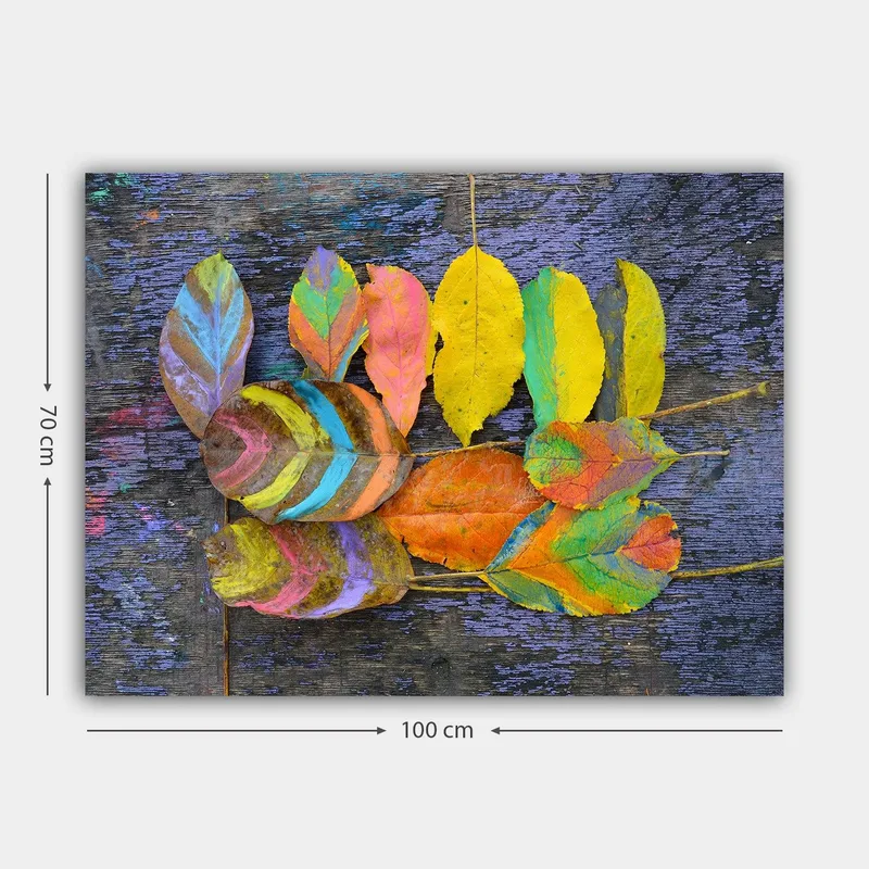 Canvastavla 70x100 cm - Färgglada löv arrangerade på en mörk bakgrund - Gul / Orange / Grön - Inredning - Tavlor & posters - Canvastavla