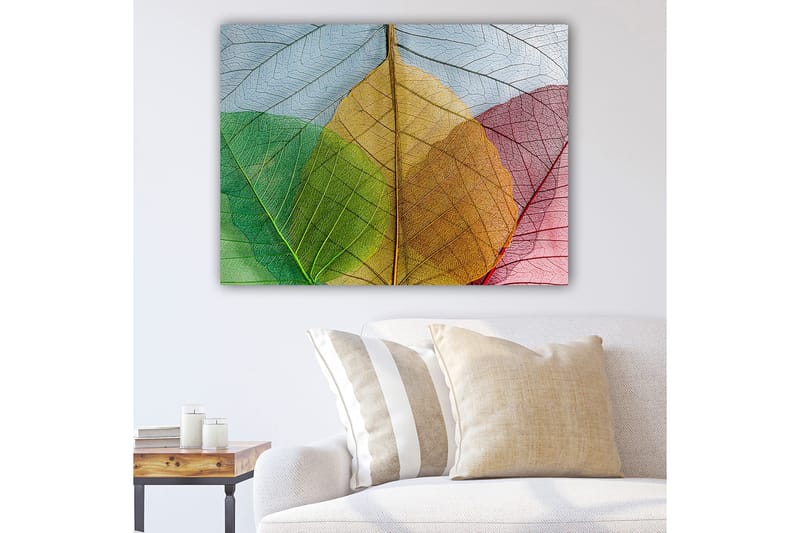 Canvastavla 70x100 cm - Färgglada löv i olika nyanser som skapar en harmonisk komposition, Grön / Röd / Gul