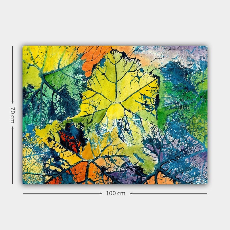 Canvastavla 70x100 cm - Färgglada löv i olika nyanser som skapar en livfull och abstrakt komposition - Gul / Grön / Orange - Inredning - Tavlor & posters - Canvastavla