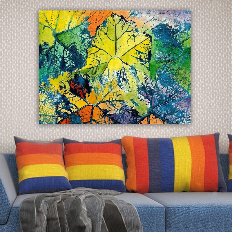 Canvastavla 70x100 cm - Färgglada löv i olika nyanser som skapar en livfull och abstrakt komposition - Gul / Grön / Orange - Inredning - Tavlor & posters - Canvastavla
