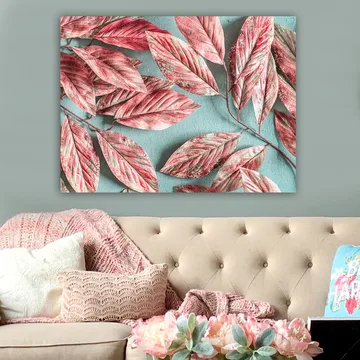 Canvastavla 70x100 cm - Färgglada löv i rosa och röd nyans mot en ljusblå bakgrund - Rosa / Ljusblå - Inredning - Tavlor & posters - Canvastavla