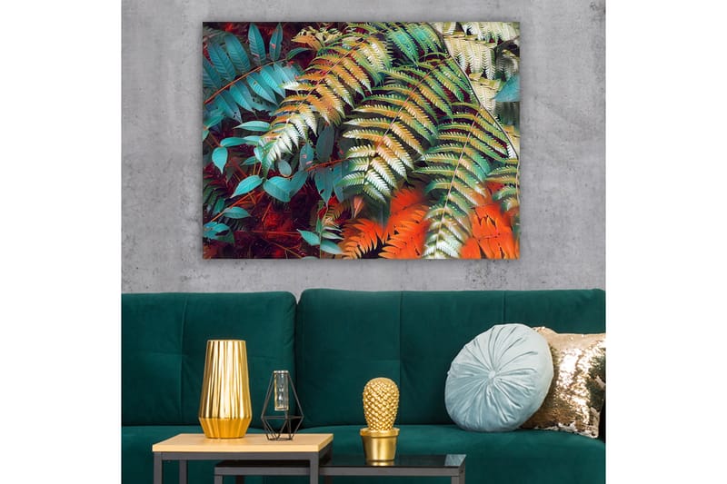 Canvastavla 70x100 cm - Färgglada ormbunksblad i en livlig komposition - Turkos / Grön / Orange - Inredning - Tavlor & posters - Canvastavla