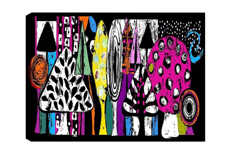 Canvastavla 70x100 cm - Färgglada svampar och abstrakta former i en lekfull komposition, Rosa / Svart / Grön