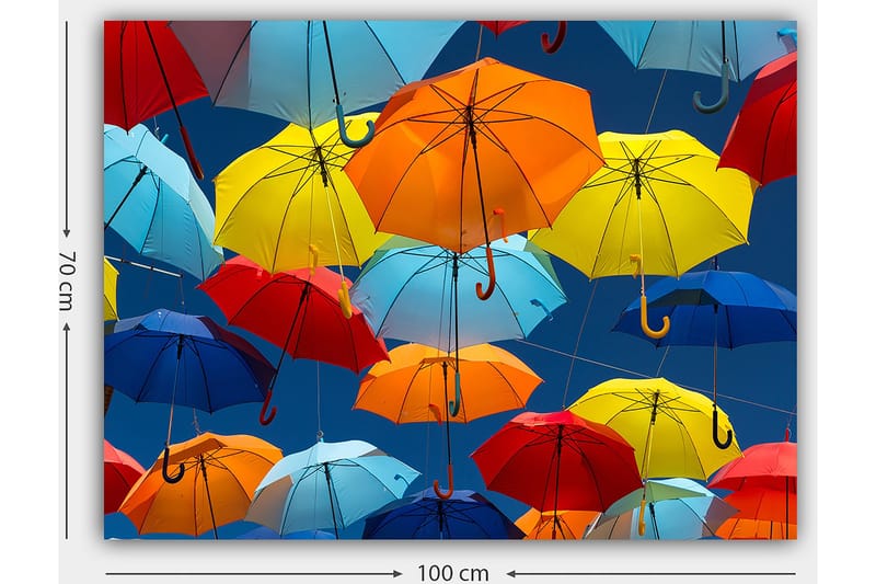 Canvastavla 70x100 cm - Färgglada paraplyer som svävar i luften - Röd / Blå / Gul - Inredning - Tavlor & posters - Canvastavla