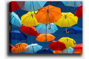 Canvastavla 70x100 cm - Färgglada paraplyer som svävar i luften - Röd / Blå / Gul - Inredning - Tavlor & posters - Canvastavla