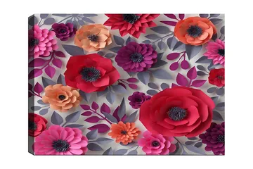 Canvastavla 70x100 cm - Färgglada papperblommor i olika former och storlekar - Mörk rosa / Lila / Orange - Inredning - Tavlor & posters - Canvastavla