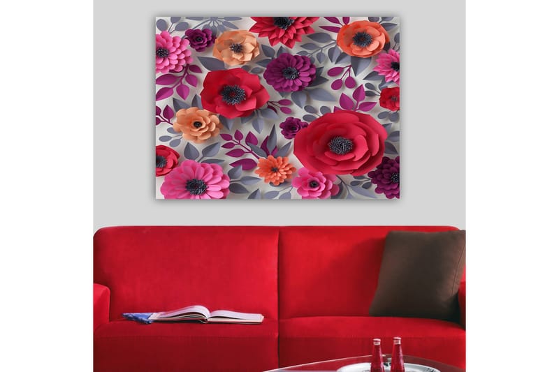 Canvastavla 70x100 cm - Färgglada papperblommor i olika former och storlekar - Mörk rosa / Lila / Orange - Inredning - Tavlor & posters - Canvastavla