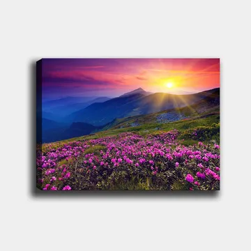 Canvastavla 70x100 cm - Färgsprakande bergslandskap med blomstrande rosa blommor i förgrunden och en soluppgång i bakgrunden - Rosa / Lila / Guld - Inredning - Tavlor & posters - Canvastavla