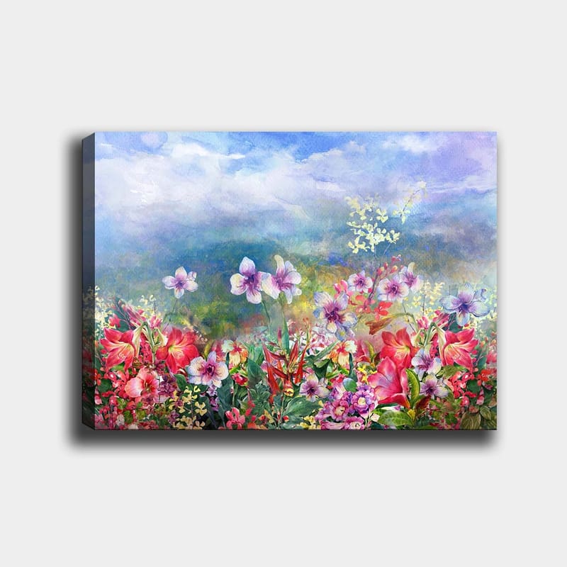 Canvastavla 70x100 cm - Färgsprakande blomsteräng med olika blommor i livfulla nyanser - Röd / Lila / Grön - Inredning - Tavlor & posters - Canvastavla