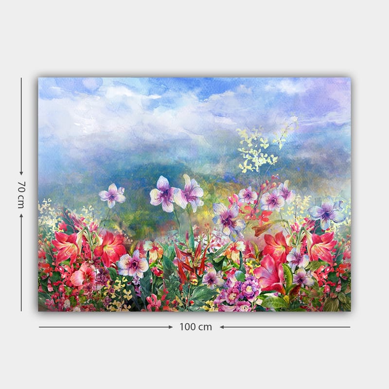 Canvastavla 70x100 cm - Färgsprakande blomsteräng med olika blommor i livfulla nyanser - Röd / Lila / Grön - Inredning - Tavlor & posters - Canvastavla