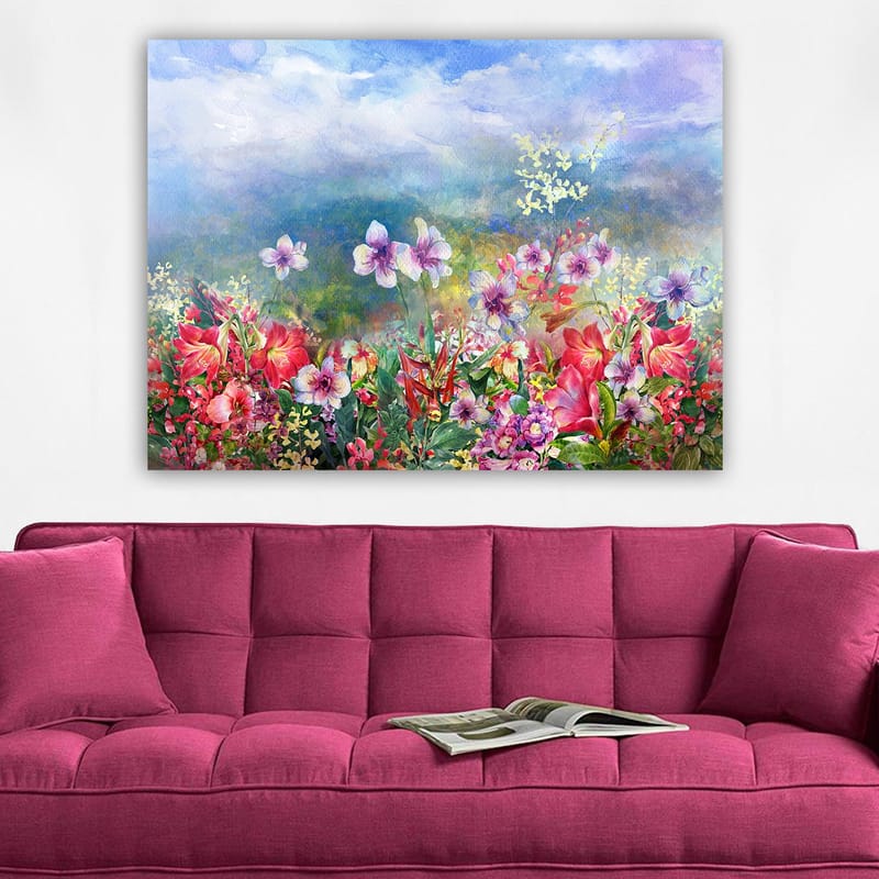 Canvastavla 70x100 cm - Färgsprakande blomsteräng med olika blommor i livfulla nyanser - Röd / Lila / Grön - Inredning - Tavlor & posters - Canvastavla