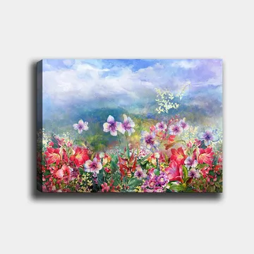 Canvastavla 70x100 cm - Färgsprakande blomsteräng med olika blommor i livfulla nyanser - Röd / Lila / Grön - Inredning - Tavlor & posters - Canvastavla