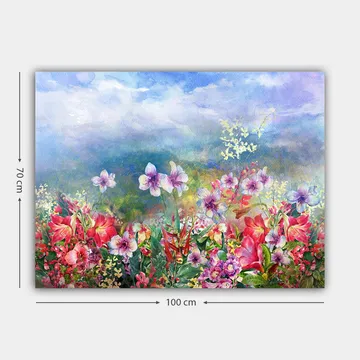 Canvastavla 70x100 cm - Färgsprakande blomsteräng med olika blommor i livfulla nyanser - Röd / Lila / Grön - Inredning - Tavlor & posters - Canvastavla