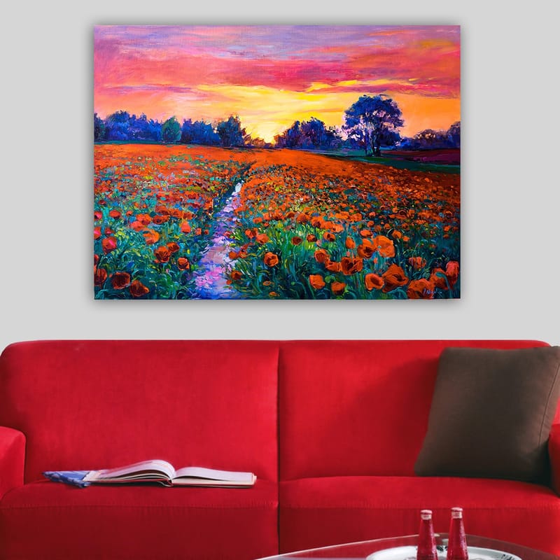 Canvastavla 70x100 cm - Färgsprakande blomsteräng med vallmo under en solnedgång - Orange / Grön / Lila - Inredning - Tavlor & posters - Canvastavla