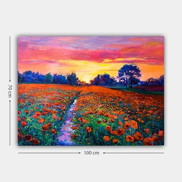 Canvastavla 70x100 cm - Färgsprakande blomsteräng med vallmo under en solnedgång - Orange / Grön / Lila - Inredning - Tavlor & posters - Canvastavla