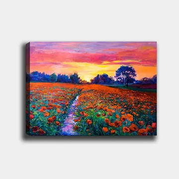 Canvastavla 70x100 cm - Färgsprakande blomsteräng med vallmo under en solnedgång - Orange / Grön / Lila - Inredning - Tavlor & posters - Canvastavla