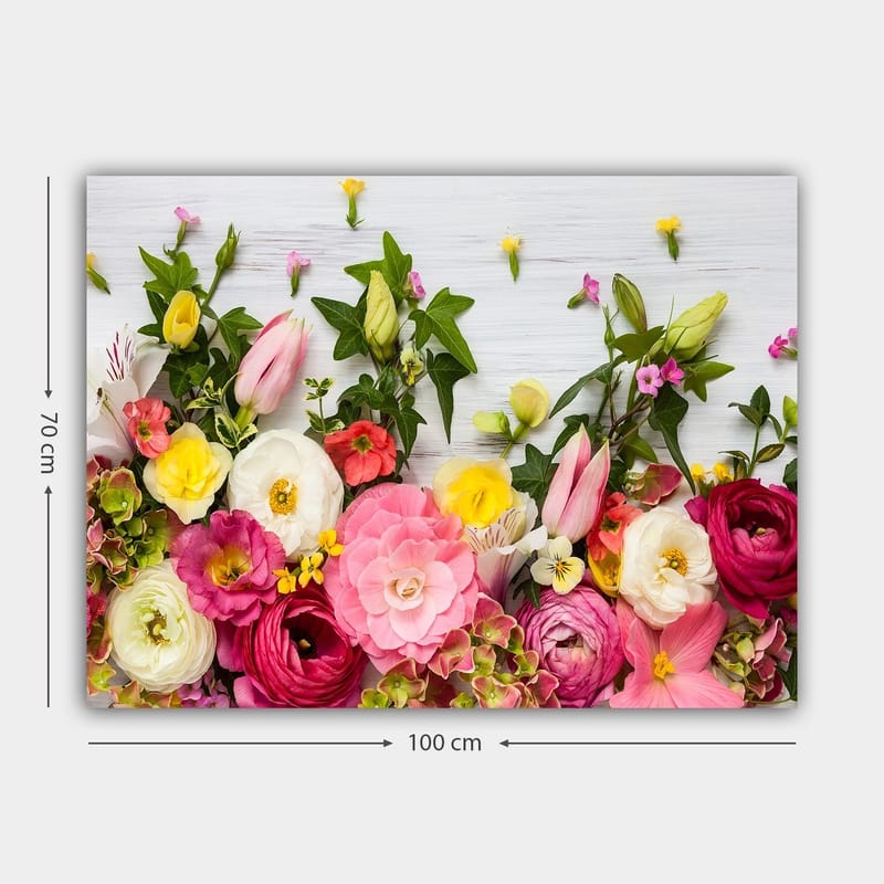 Canvastavla 70x100 cm - Färgsprakande bukett av blommor med olika former och nyanser - Rosa / Vit / Gul - Inredning - Tavlor & posters - Canvastavla