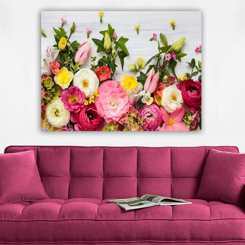 Canvastavla 70x100 cm - Färgsprakande bukett av blommor med olika former och nyanser - Rosa / Vit / Gul - Inredning - Tavlor & posters - Canvastavla