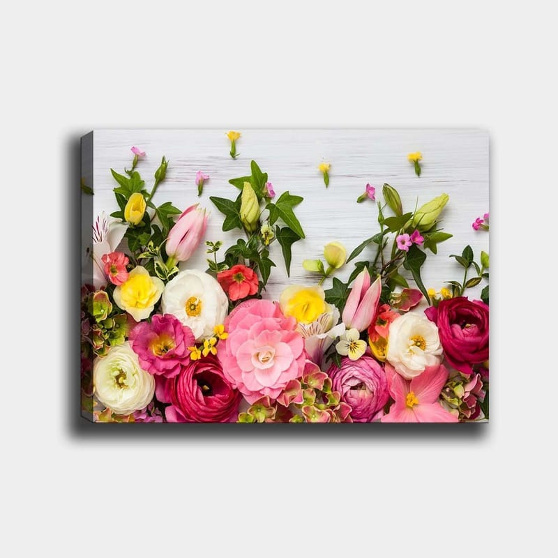 Canvastavla 70x100 cm - Färgsprakande bukett av blommor med olika former och nyanser, Rosa / Vit / Gul