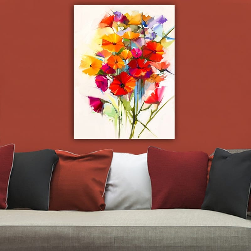 Canvastavla 70x100 cm - Färgsprakande bukett med blommor i olika nyanser - Röd / Orange / Lila - Inredning - Tavlor & posters - Canvastavla