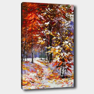 Canvastavla 70x100 cm - Färgsprakande höstscen med träd i rika nyanser av rött och gult, omgivna av snö - Röd / Gul / Vit - Inredning - Tavlor & posters - Canvastavla