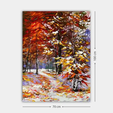Canvastavla 70x100 cm - Färgsprakande höstscen med träd i rika nyanser av rött och gult, omgivna av snö - Röd / Gul / Vit - Inredning - Tavlor & posters - Canvastavla
