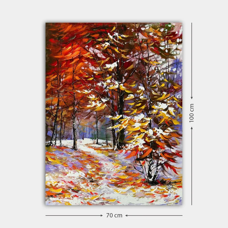 Canvastavla 70x100 cm - Färgsprakande höstscen med träd i rika nyanser av rött och gult, omgivna av snö - Röd / Gul / Vit - Inredning - Tavlor & posters - Canvastavla