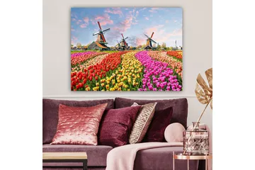 Canvastavla 70x100 cm - Färgsprakande tulpanfält med vindmöllor i bakgrunden - Röd / Rosa / Gul - Inredning - Tavlor & posters - Canvastavla
