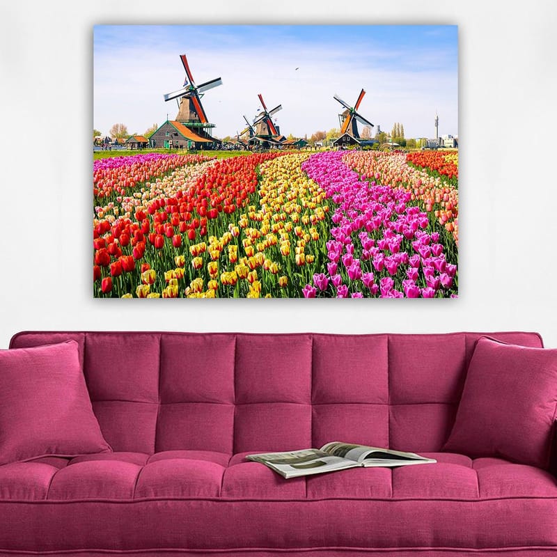 Canvastavla 70x100 cm - Färgsprakande tulpanodling med vindmölla i bakgrunden - Röd / Gul / Rosa - Inredning - Tavlor & posters - Canvastavla