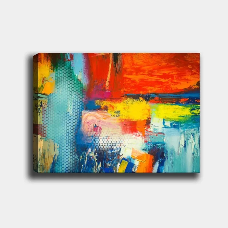 Canvastavla 70x100 cm - Färgstark abstrakt komposition med inslag av röd, blå och gul färg som skapar en dynamisk känsla, Röd / Blå / Gul
