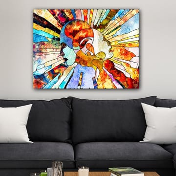 Canvastavla 70x100 cm - Färgstark abstrakt representation av två ansikten som symboliserar samhörighet och kommunikation - Röd / Blå / Orange - Inredning - Tavlor & posters - Canvastavla