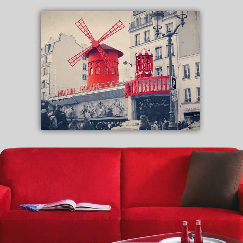 Canvastavla 70x100 cm - Färgstark avbildning av Moulin Rouge med sin karakteristiska röda vindmölla - Röd / Svart / Grå - Inredning - Tavlor & posters - Canvastavla