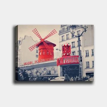 Canvastavla 70x100 cm - Färgstark avbildning av Moulin Rouge med sin karakteristiska röda vindmölla - Röd / Svart / Grå - Inredning - Tavlor & posters - Canvastavla