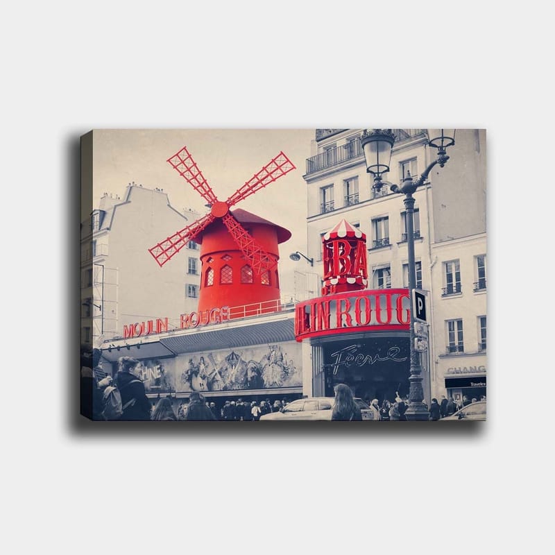 Canvastavla 70x100 cm - Färgstark avbildning av Moulin Rouge med sin karakteristiska röda vindmölla, Röd / Svart / Grå