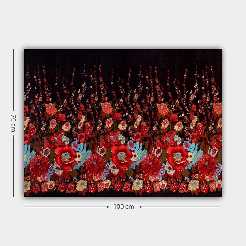 Canvastavla 70x100 cm - Färgstark blommönsterkomposition med röda och blå blommor som skapar en livfull atmosfär - Röd / Blå / Grön - Inredning - Tavlor & posters - Canvastavla