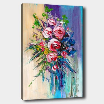 Canvastavla 70x100 cm - Färgstark bukett med rosor och gröna blad - Rosa / Grön / Blå - Inredning - Tavlor & posters - Canvastavla