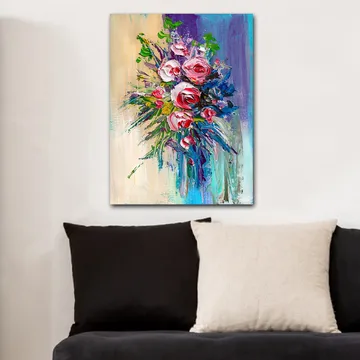 Canvastavla 70x100 cm - Färgstark bukett med rosor och gröna blad - Rosa / Grön / Blå - Inredning - Tavlor & posters - Canvastavla