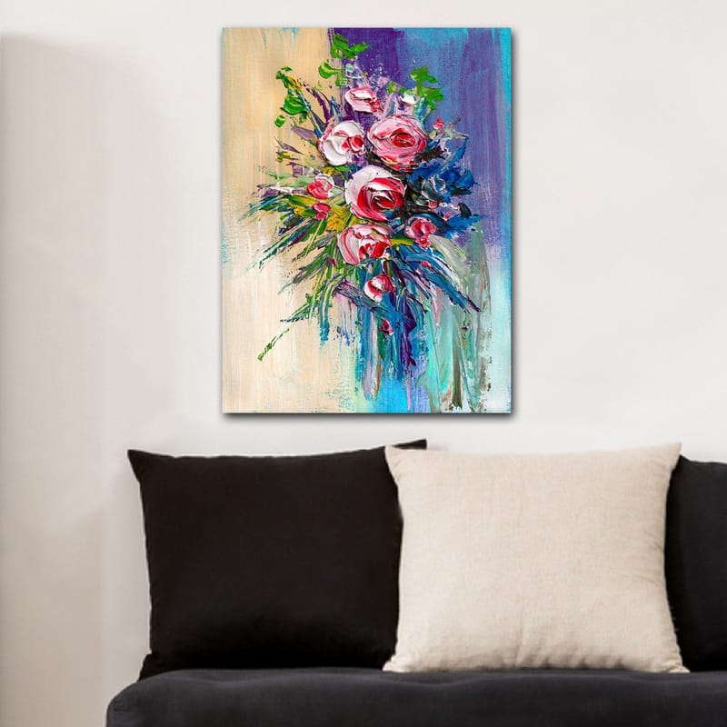Canvastavla 70x100 cm - Färgstark bukett med rosor och gröna blad - Rosa / Grön / Blå - Inredning - Tavlor & posters - Canvastavla