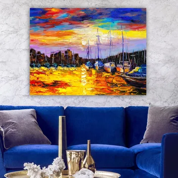 Canvastavla 70x100 cm - Färgstark hamnscen med segelbåtar som reflekteras i vattnet under en solnedgång - Guld / Blå / Orange - Inredning - Tavlor & posters - Canvastavla