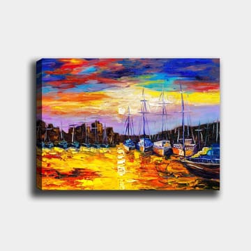 Canvastavla 70x100 cm - Färgstark hamnscen med segelbåtar som reflekteras i vattnet under en solnedgång - Guld / Blå / Orange - Inredning - Tavlor & posters - Canvastavla