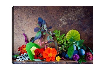 Canvastavla 70x100 cm - Färgstark komposition av blommor och gröna blad - Röd / Grön / Lila - Inredning - Tavlor & posters - Canvastavla