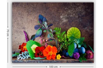 Canvastavla 70x100 cm - Färgstark komposition av blommor och gröna blad - Röd / Grön / Lila - Inredning - Tavlor & posters - Canvastavla