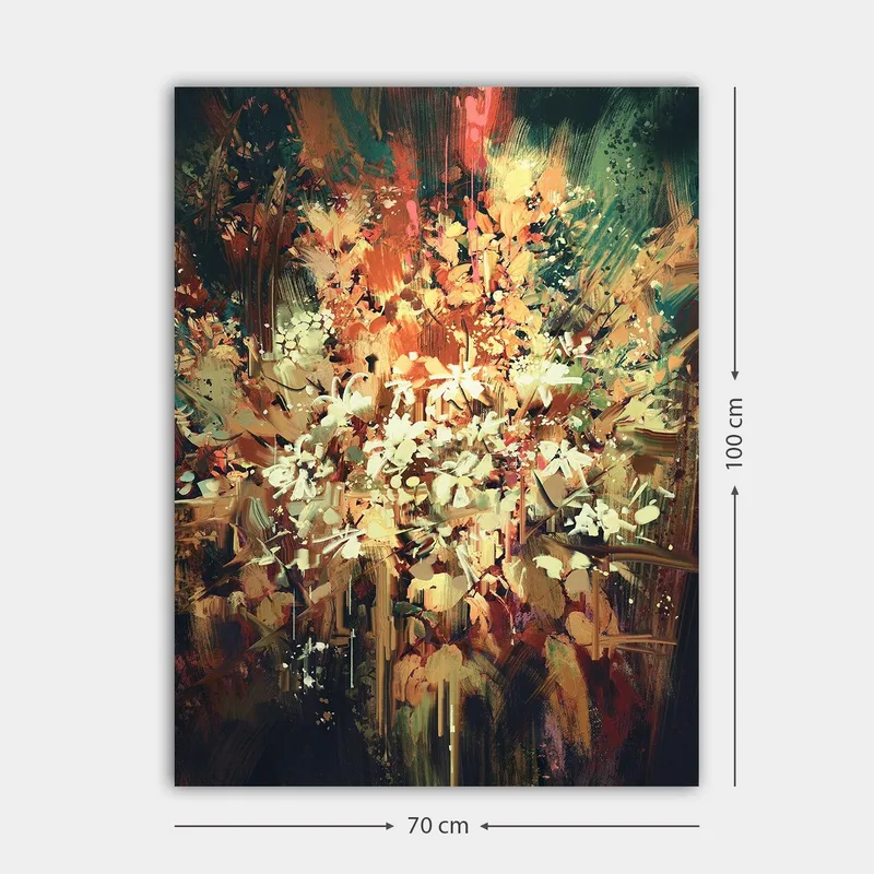 Canvastavla 70x100 cm - Färgstark och abstrakt blomsterkomposition som fångar naturens skönhet - Grön / Orange / Vit - Inredning - Tavlor & posters - Canvastavla